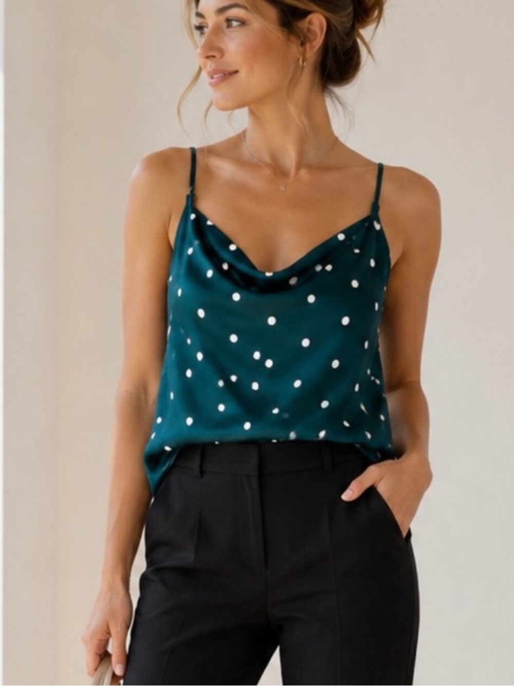 NWT LOFT Polka Dot Cowl Neck Cami Teal/White Size L